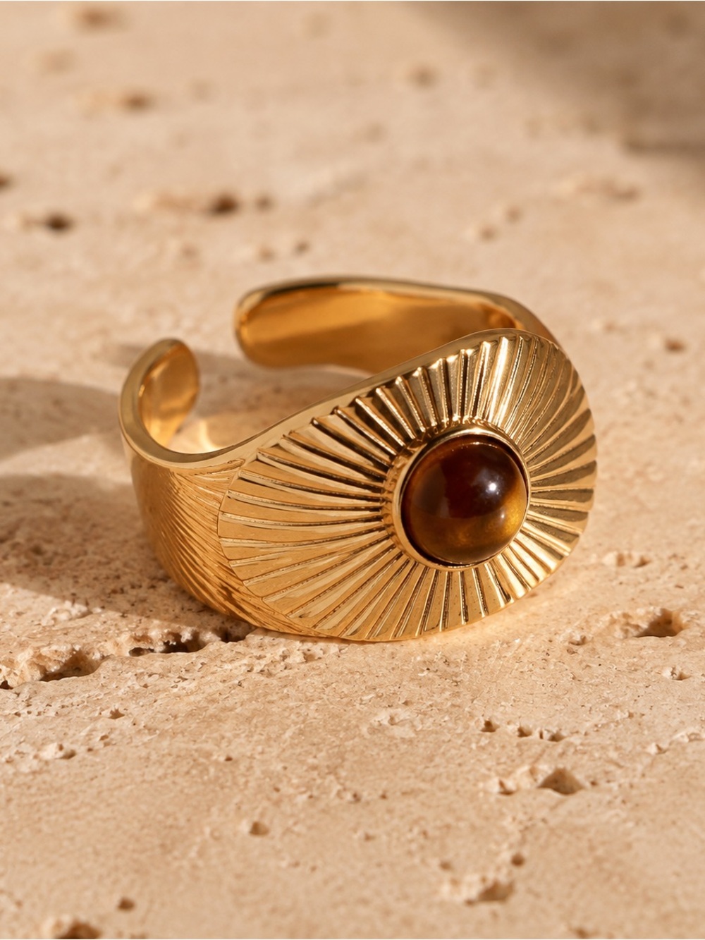 Gold Tone Round Amber Brown Faux Stone Ring